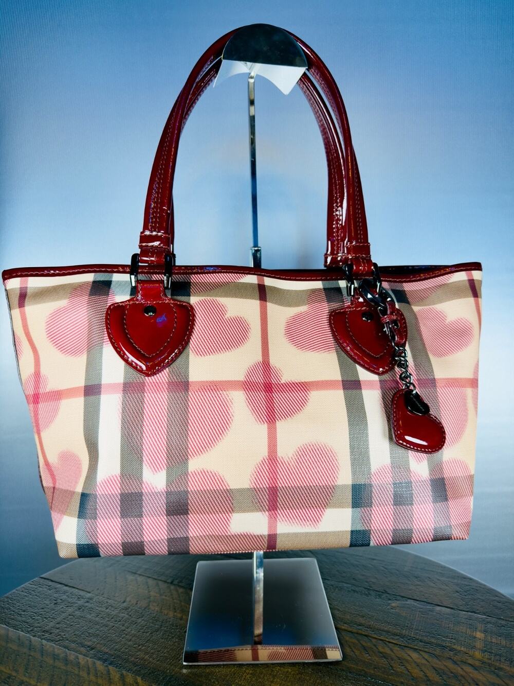 Authentic Burberry Heart Nova Check Tote Bag Coated Canvas Red Patent Trim Charm